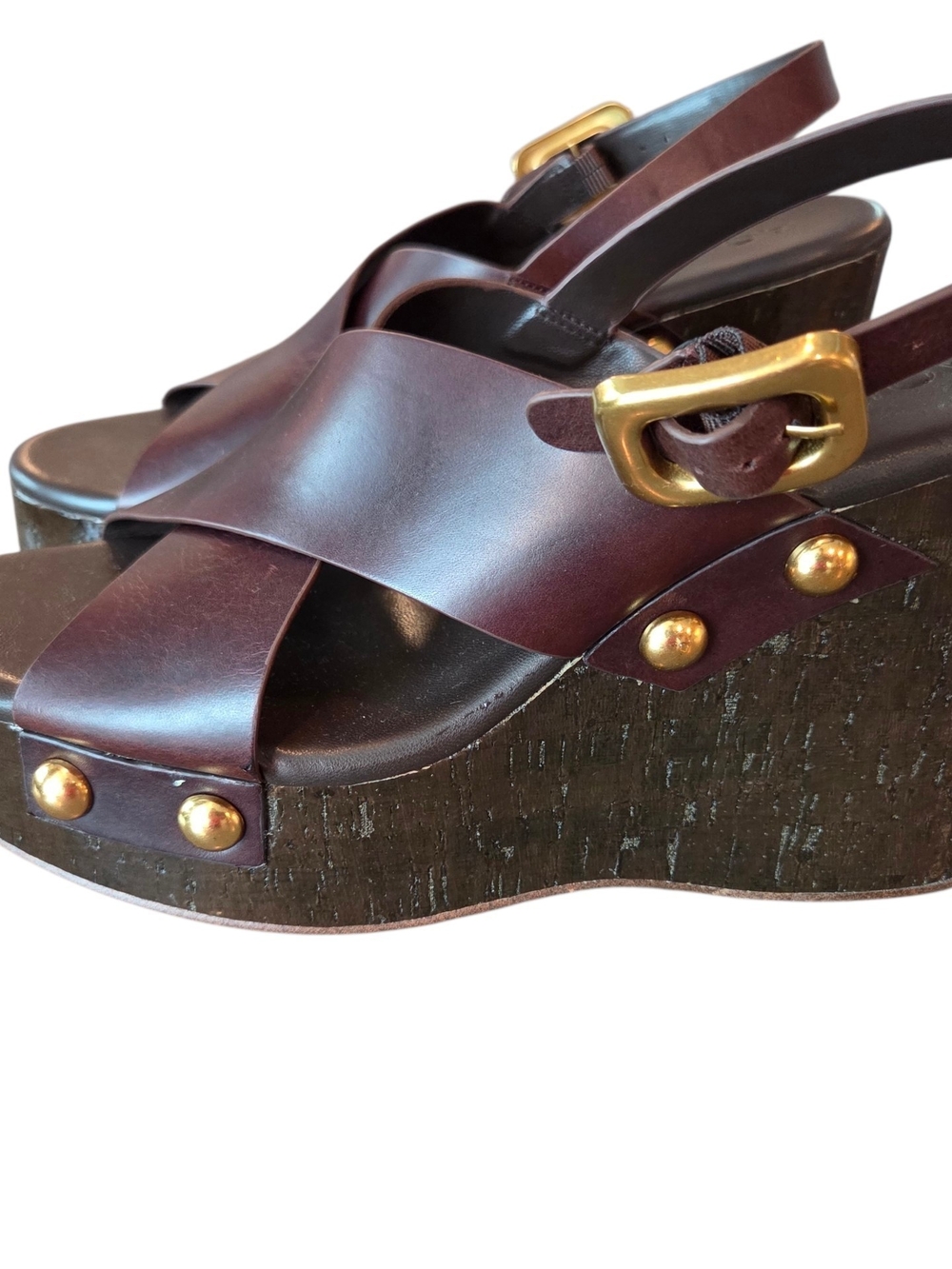 NWOT or BOX Aqua Dark Brown Leather Platform Wedge Sandals with Gold Accents 10